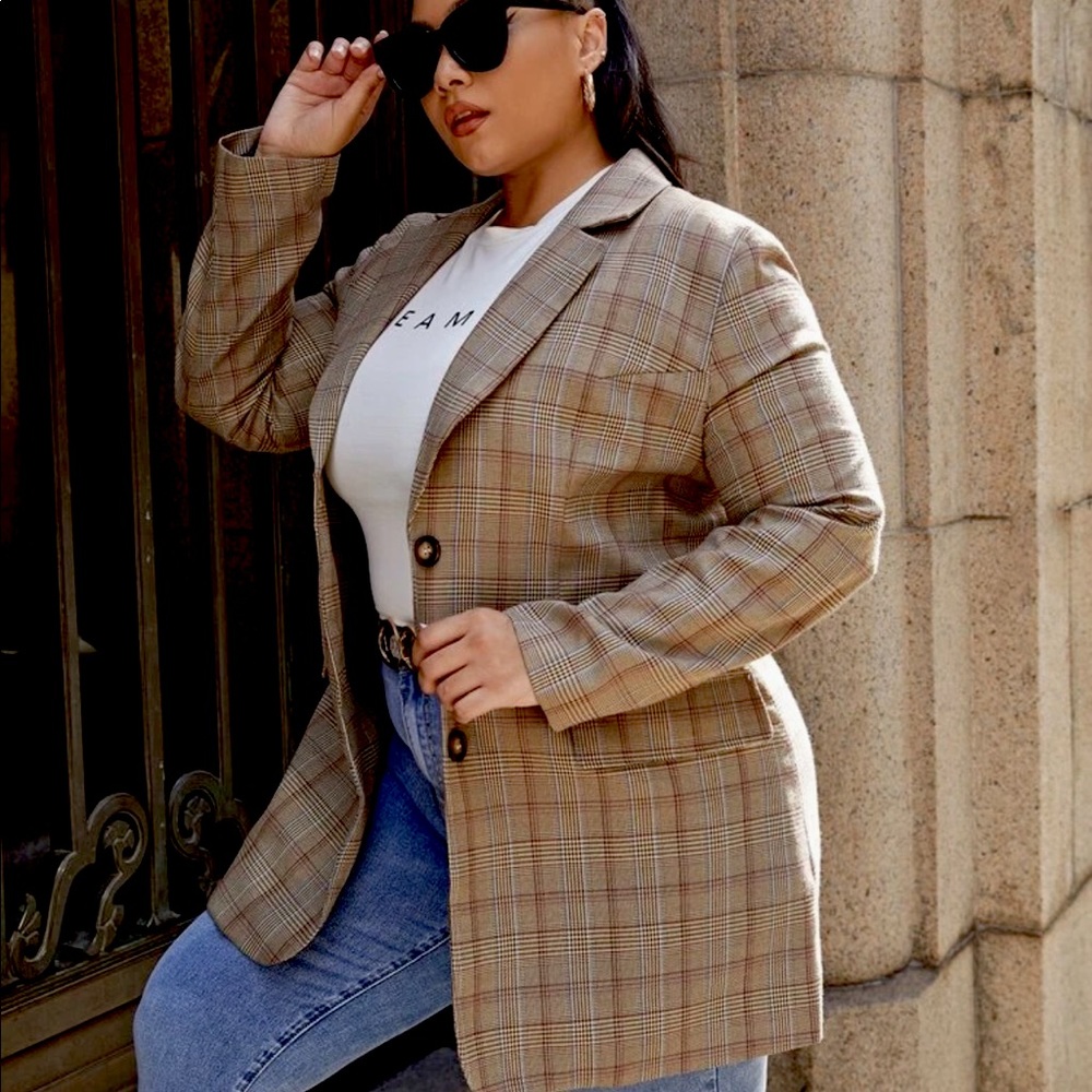 SHEIN Plus Single Breasted Plaid Print Blazer (0XL)